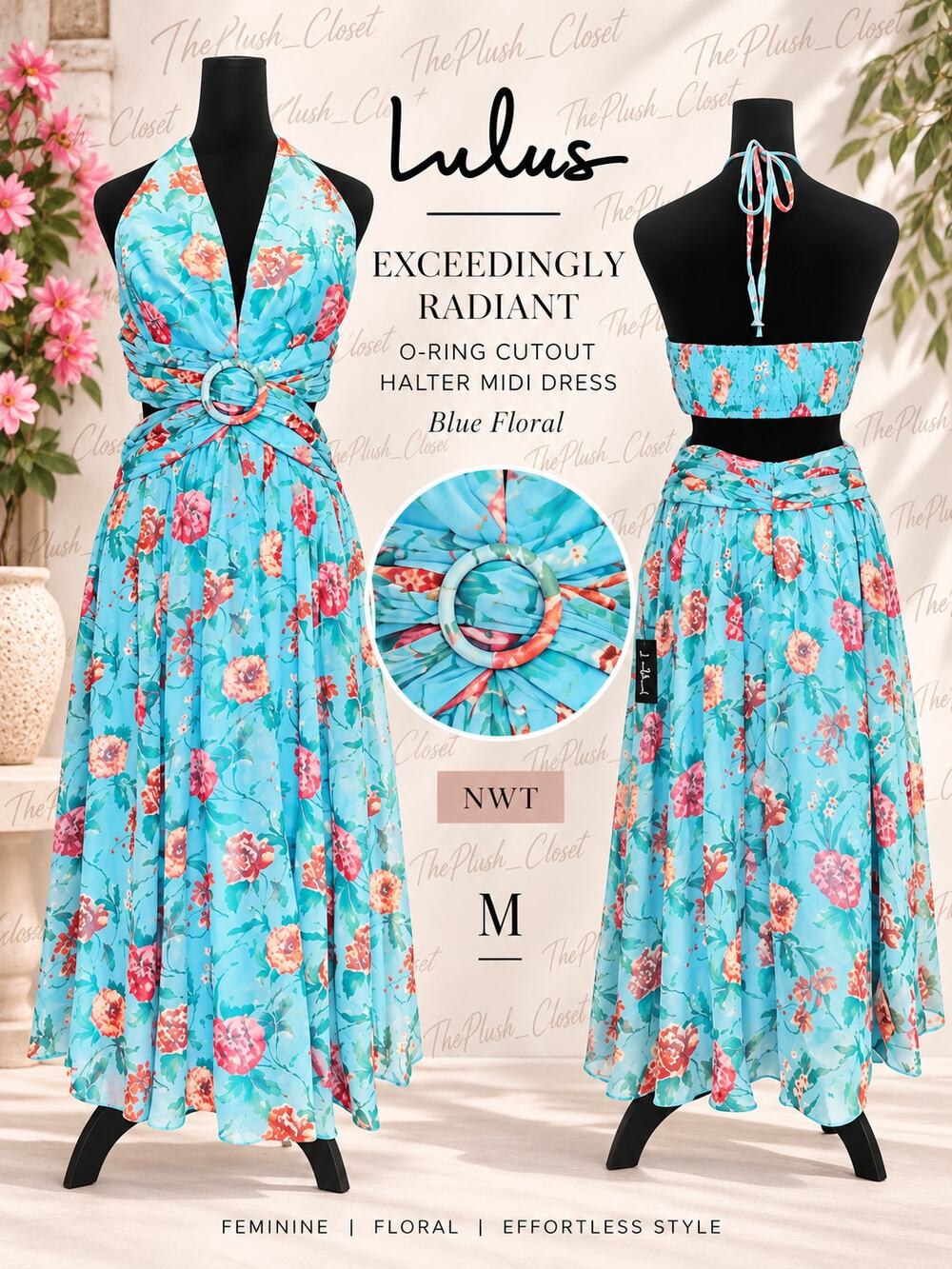 Lulus Exceedingly Radiant Blue Floral O-Ring Cutout Halter Midi Dress NWT M